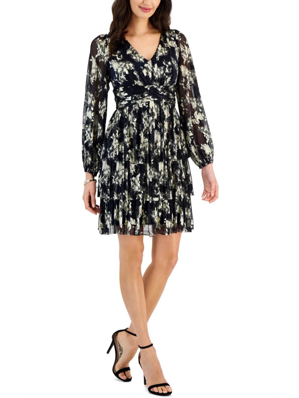 TAYLOR Black Metallic Tiered A-Line Long Sleeve Dress Size 10